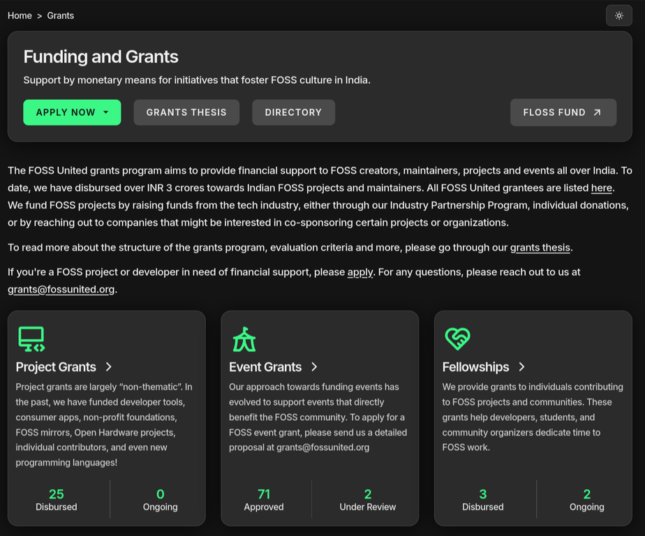 FOSSunited Grants page screenshot